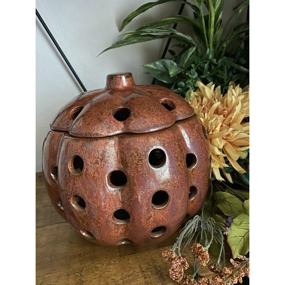 Vintage Pumpkin Flameless Ceramic Illuminations Luminary Pumpkin Rust Metallic - Picture 7 of 10